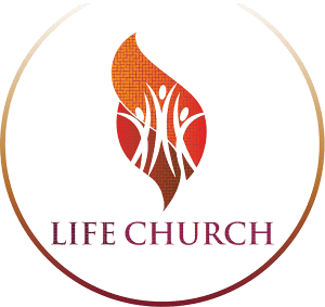 Logo of Life Church featuring a stylized flame with silhouettes of people inside, encircled by a thin line. The words "LIFE CHURCH" are written below in capital letters.