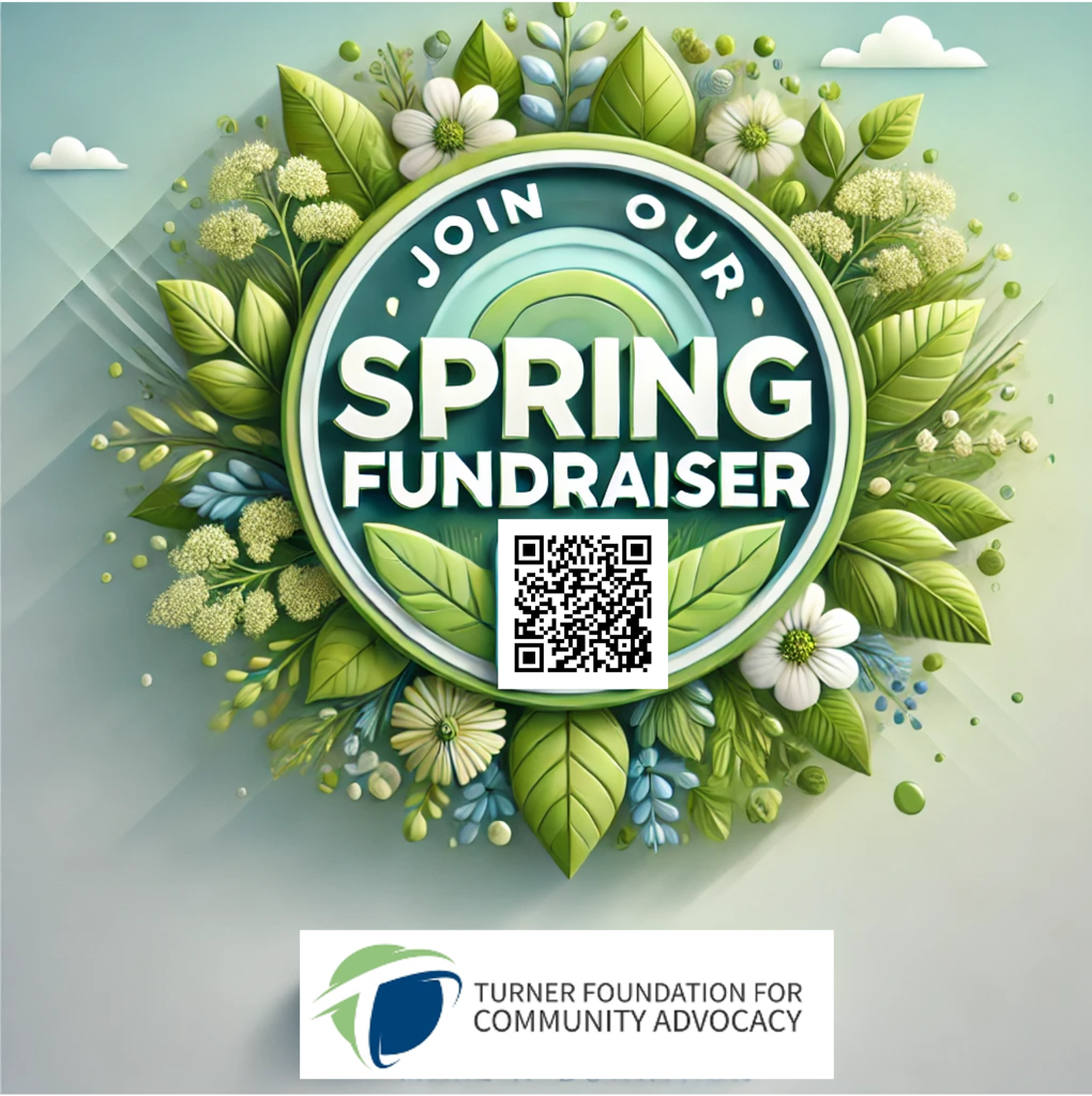 Circular Join Our Spring Fundraiser sign with leaves, flowers, QR code, Turner Foundation logo, and 2024 activities highlight.