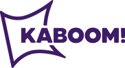 The image shows the word "KABOOM!" in bold purple letters with a stylized, angular outline suggesting an explosion or burst behind it.