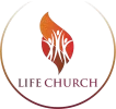 Logo of Life Church featuring a stylized flame with silhouettes of people inside, encircled by a thin line. The words "LIFE CHURCH" are written below in capital letters.