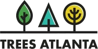 Logo of Trees Atlanta featuring three stylized tree icons: a green leaf, a teal triangle, and a yellow circle with branches, above the text "TREES ATLANTA" in bold black letters.